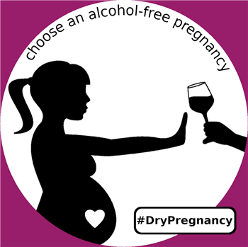Illustration promoting an alcohol-free pregnancy. A graphic of the sillhouette of a pregnant person raises a hand to refuse a glass of wine being offered. Text reads "choose an alcohol-free pregnancy" and "#DryPregnancy".